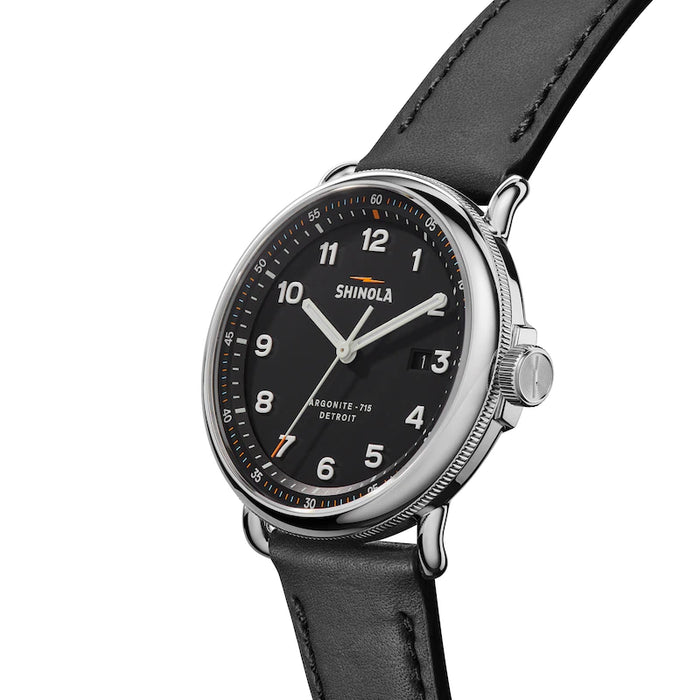 shinola mens canfield 43mm black dial black leather, date wheel and sapphire glass