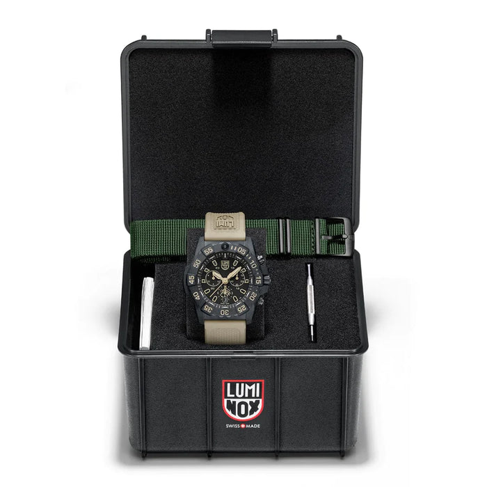 luminox tan rubber strap navy SEAL foundation NSF LOGO on bottom 6 oclock dial. this model has a chronograph, date wheel and illuminated numbers. 