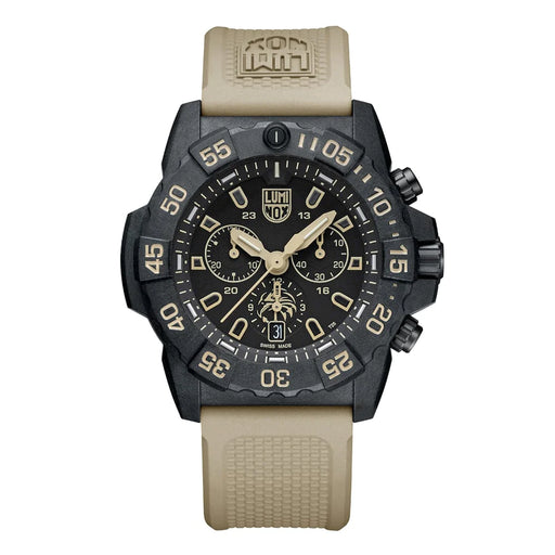 luminox tan rubber strap navy SEAL foundation NSF LOGO on bottom 6 oclock dial. this model has a chronograph, date wheel and illuminated numbers. 