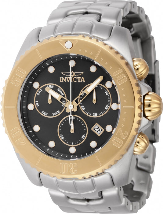 men's specialty invicta chronograph and black dial with gold toned bezel and stainless steel casing and band 