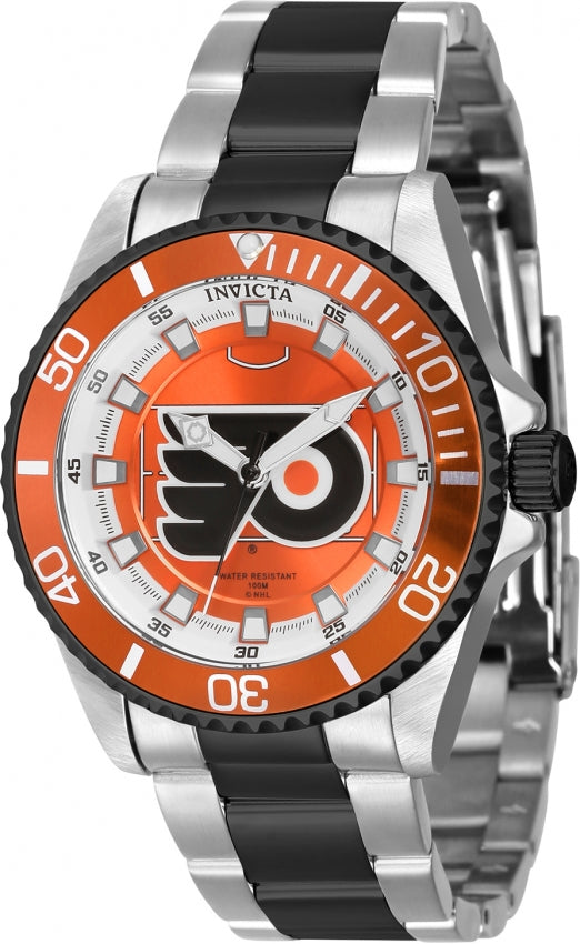 invicta 38mm stainless steel ladies watch. NHL Flyers logo with orange and black detailing. 