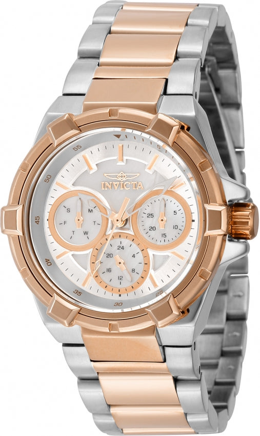 ladies two-tone rose and stainless steel aviator watch from invicta. mother of pearl face with chronograph features. 