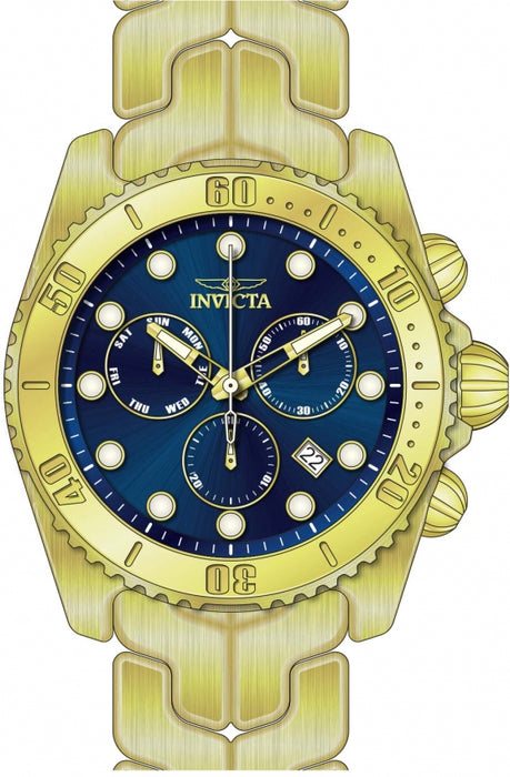 mens invicta specialty model gold colored stainless steel chronograph displayed on blue dial 