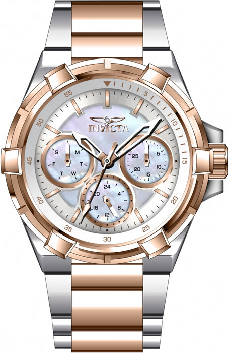 ladies two-tone rose and stainless steel aviator watch from invicta. mother of pearl face with chronograph features. 