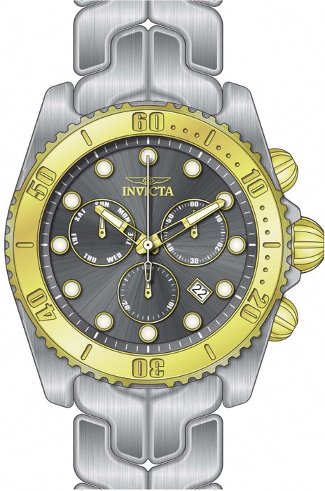 men's specialty invicta chronograph and black dial with gold toned bezel and stainless steel casing and band 