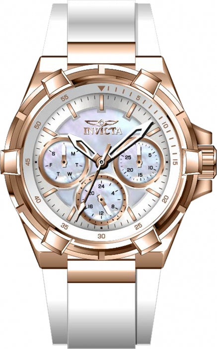 invicta ladies aviator model with rose details and silicone strap. features a mother of pearl chronograph dial