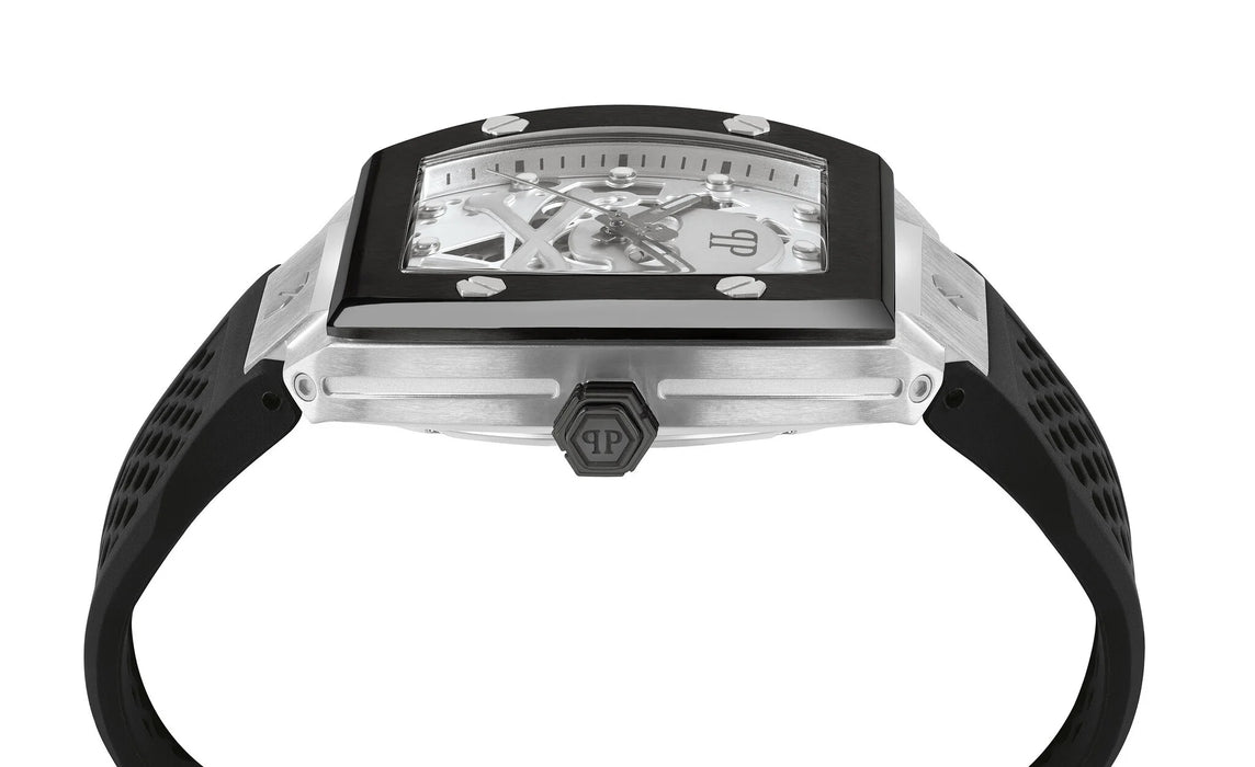 Philipp Plein Men's silver colored face with skeleton, black silicone band. black bezel and 44mm case. water resitant 5 atm.