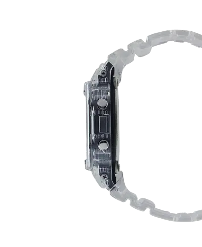 Clear men's transparent g-shock. Digital display equipped with an EL Backlight with Afterglow to see in darkness. 200 meters of water resistance, clear casing and band. silver accents and a black dial. perforated band, classic casio look and feel.