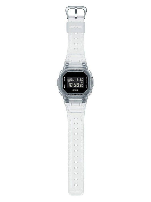 Clear men's transparent g-shock. Digital display equipped with an EL Backlight with Afterglow to see in darkness. 200 meters of water resistance, clear casing and band. silver accents and a black dial. perforated band, classic casio look and feel.