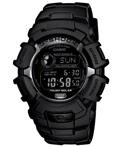 Men's tough solar black and silver. water resistant and shock resistant. 46 mm casing and dial, digital timetelling. 26 month battery reserve. black rubber band and silver buckle. 