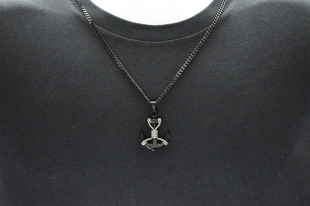 Blackjack Men's Anchor Necklace Black SS BJP157B