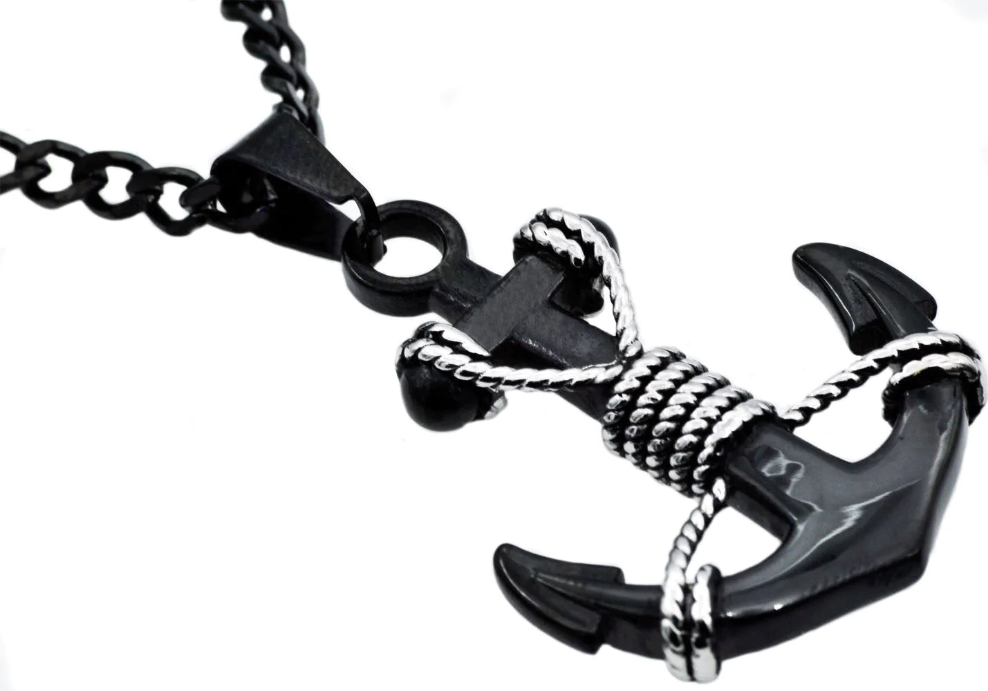 Blackjack Jewelry Blackjack Men's Anchor Necklace Black SS BJP157B - Time After Time Watches