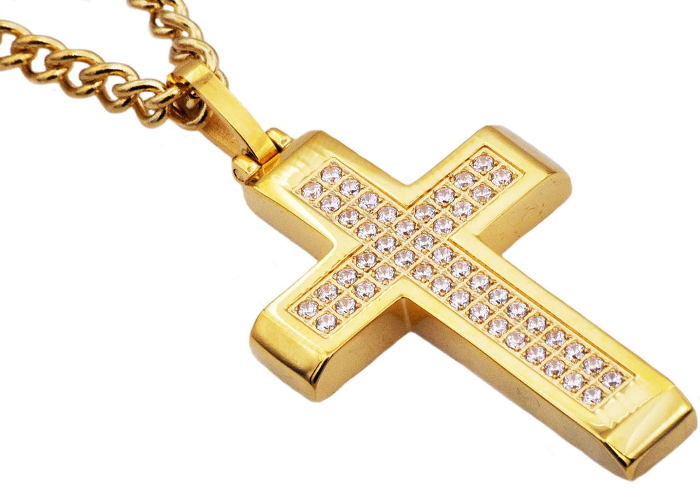 Blackjack Men's Necklace Gold-Toned Cross & Chain CZ SS BJP11S