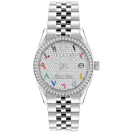 ladies stainless steel philipp plein with preciosa crystal and rainbow numbers. 34mm across the dial and 5 atm water resistance. 