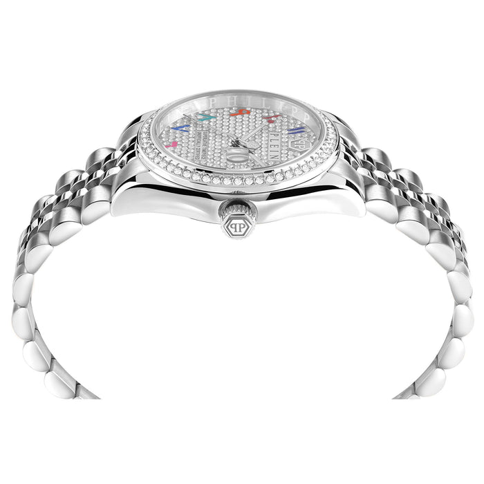 ladies stainless steel philipp plein with preciosa crystal and rainbow numbers. 34mm across the dial and 5 atm water resistance. 