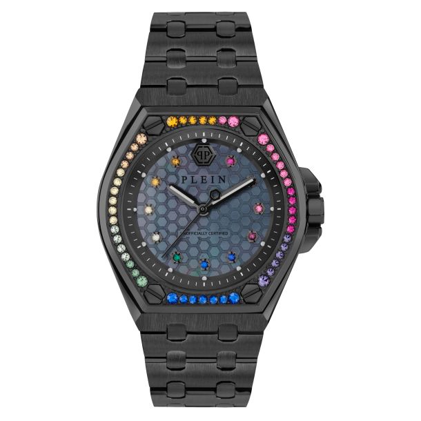 philipp plein rainbow preciosa crystals honeycomb texture face 34mm in width from dial. 
