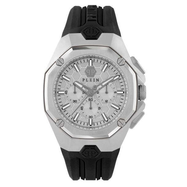 Philipp Plein octagon men's chronograph and gray honeycomb texture face, 44mm in width and 5 atm water resistant.