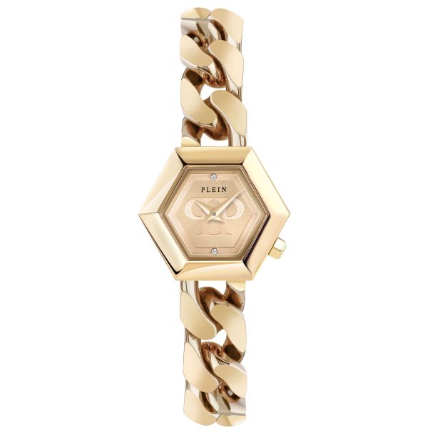 Philipp Plein Gold The Hexagon Groumette, gold ion-plated stainlesss steel preciosa crystal and water resistant to 5 atm. 28mm dial. 