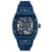 philipp plein mens blue silicone and skeleton face watch measuring at 44mm and is 5 atm water resitant. 