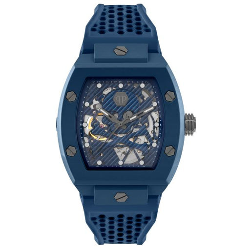 philipp plein mens blue silicone and skeleton face watch measuring at 44mm and is 5 atm water resitant. 