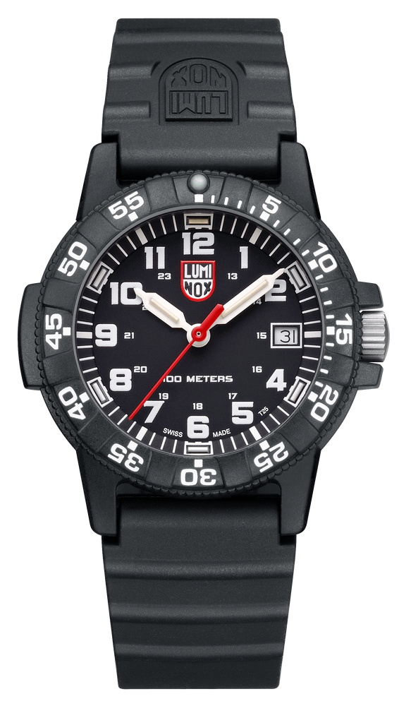 The shape of the classic Luminox design has a protected crown balanced by an opposite outcropping that has often been compared to the shape of a turtle hence the name of the collection. The all black band and case allows the white second numerals to standout and frame the black face with hour numerals, markers , and hands.