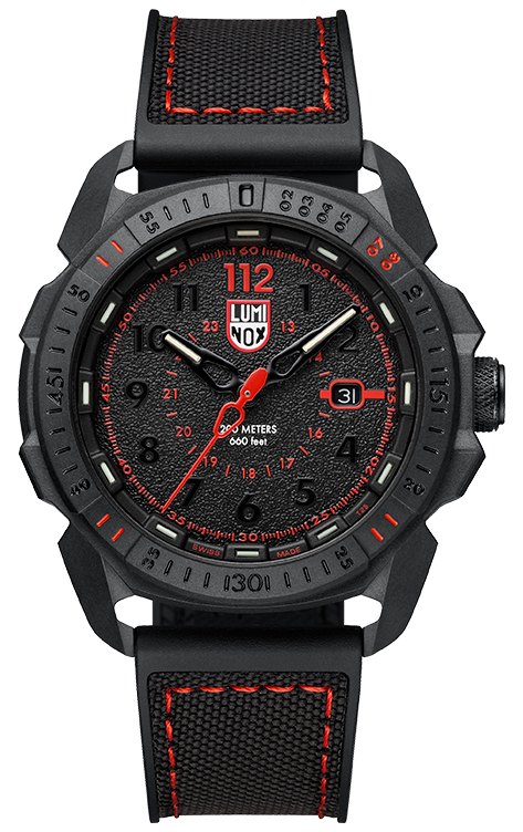 The black textured rubber strap with red stitching attaches to an intimidating geometric and black dial with small black second numerals and markers. The red accents draw your attention to whats important for precision timekeeping such as the second hand and inner dial.