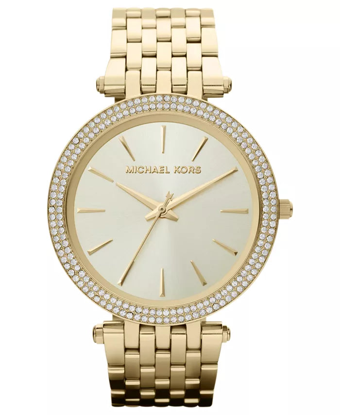 Ladies Darci MK tone mk3191. Cz's around the dial of the watch, markers at each hour, adorned with hour, minute and second hand.  39mm case, band width measures at 17mm. 