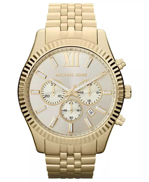 Men's Lexington Gold Tone Mk8281, fully gold tone model champagne face. Chrono, markers at each hour, roman numeral 12 at the 12 marker. hands and markers are luminescent, date wheel in between 4 and 5 oclock marker.  