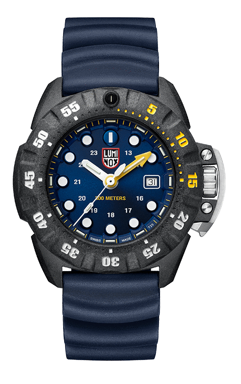 The ridges on the blue rubber band resemble that of ripples through a lake after a pebble is dropped in, concentric around the middle of the timepiece, bringing the whole watch together. The black case with defined divots between the white and yellow second numerals frames the inner face with white dots as hour markers, a unique and unmistakable look especially paired with prominent white hands such as these.