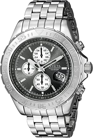 Invicta Men's Aviator 18850. This men's 3 chronograph watch has a silver toned five link band and a dark grey dial with three chronograph placed on the left half of the watch. The date wheel is placed at the 4 oclock marker and the bezel is model after that of a divers style.