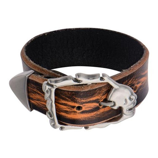 INOX Distressed Leather Stainless Steel Bracelet with Skull Clasp BRRALT8