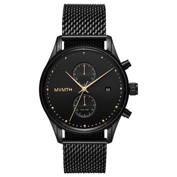 Men's MVMT Voyager Tundra, accented with gold markers, hour, minute and second hands on a balck dial. Dual chronographs with active time keeping features and a date wheel placed at the three o'clock marker. This watch casing sits between a black mesh stainless steel strap perfect for intricate sizing. 