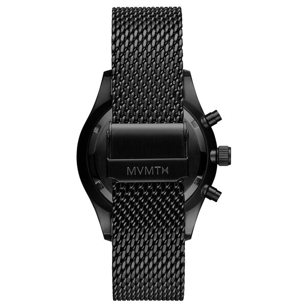 Men's MVMT Voyager Tundra, accented with gold markers, hour, minute and second hands on a balck dial. Dual chronographs with active time keeping features and a date wheel placed at the three o'clock marker. This watch casing sits between a black mesh stainless steel strap perfect for intricate sizing. 
