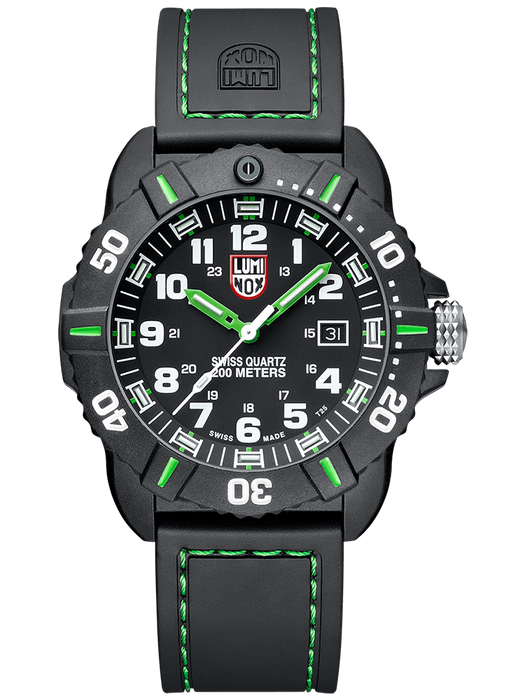 This watch is a unique twist on a distinct Luminox design. The green stitching on the black band pairs beautifully with the green accents on the case and the green hands. The numerals are all emboldened for maximum readability while the day date is subtly in place of the 3 hour marker.