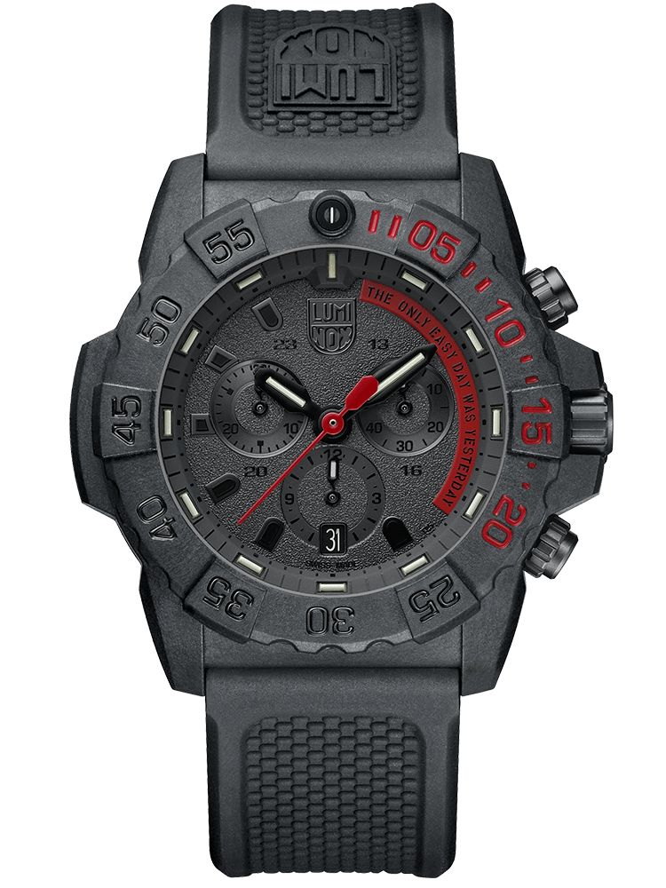 The 3580 Series Navy Seal Watch begins with Luminox's classic silhouette but features several upgraded elements to help you weather the toughest of obstacles. The stealthy all black color-way of this timepiece is only enhanced by the striking red accents on the hands face and dial.
