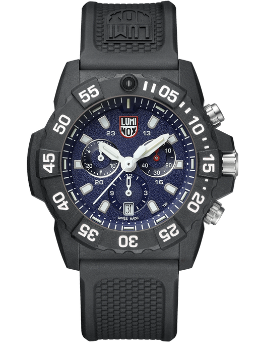The textured black rubber strap creates a rugged look while the black case with silver crowns continues that aesthetic. The bold second numerals and second markers in the first quadrant draw the focus to the outer dial while the inner face has hour markers and prominent hands for easy readability. The blue face adds a nice pop of color that accentuates the sophistication of the timepiece.