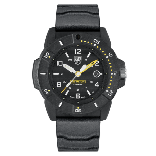 This black and yellow timepiece embodies utility and simplicity. The second and hour markers and numerals are easily readable as well as the hands being bold enough to catch immediate attention. The magnifier over the day date also brings attention to that feature. In darkness, the hour markers and hands illuminate for maximum visibility.