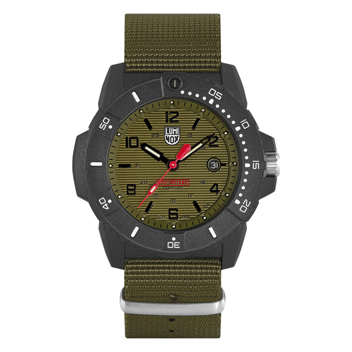 The green nylon strap matches the face impeccably while the case is a charcoal gray matte finish with minimalist white second numerals and markers. The hour markers are a glossy black that standout just enough against the dark green.