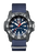 This is a unique watch that is casual and commanding of attention simultaneously. The navy blue strap is a flexible material that accents the textured blue dial very well. The second and hour numerals are very visible against the dark background as well as the bright white hands. The day date is also featured.