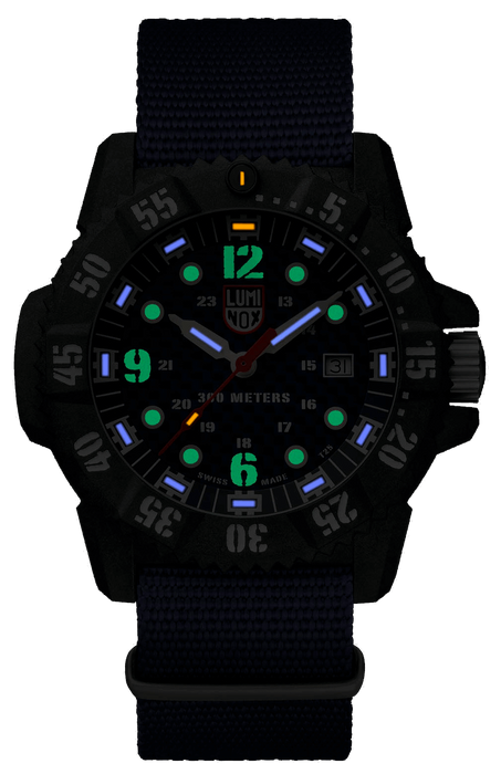 This image is of the watch in darkness to showcase the luminescence of the hour markers, hour numerals, and hands to allow for maximum visibility in pitch black darkness as well as daytime.