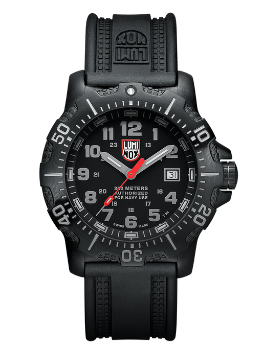 The black rubber strap has a tire track detail that continues into the textured outer part of the case. Each second is at least marked or has a numeral assigned to it and the hour numerals are a dark gray against the black face. The red second hand really pops against the dark aesthetic.