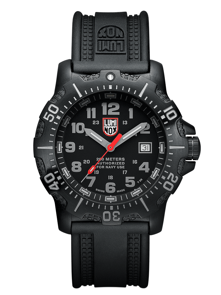 The black rubber strap has a tire track detail that continues into the textured outer part of the case. Each second is at least marked or has a numeral assigned to it and the hour numerals are a dark gray against the black face. The red second hand really pops against the dark aesthetic.