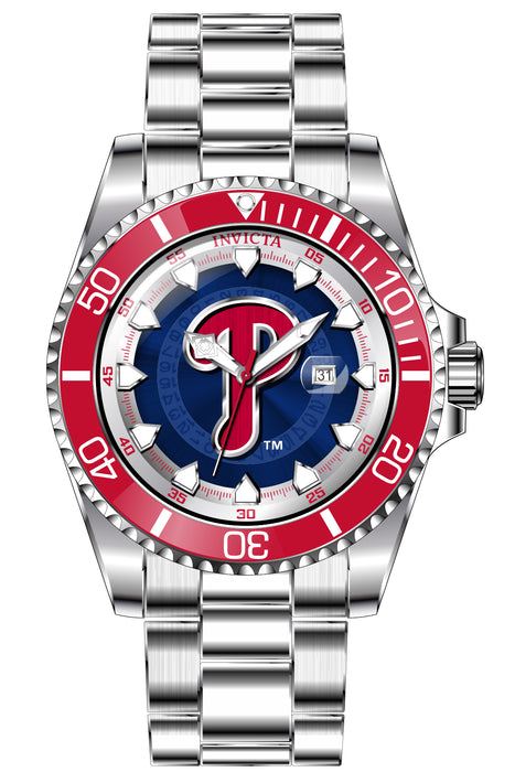 Men's Phillies Invicta MLB Collection watch. red rotating bezel, colorful dial with red white and blue accents to represent the teams colors. date wheel placed at the 3 oclock marker and intricate details to reflect that of a baseball around the markers. Stainless steel band and stainless steel casing.