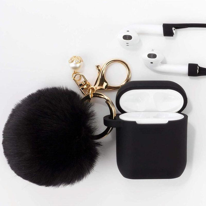 FASHION APPLE AIR POD CASE PROTECTOR WITH DECORATIVE POM POM FUR BALL