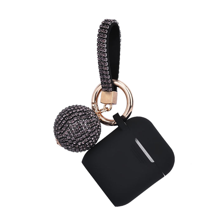Fashion Apple Air Pod Case Protector With Decorative Bling Strap and Ball - BLACK