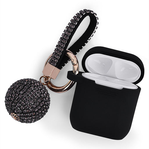 Fashion Apple Air Pod Case Protector With Decorative Bling Strap and Ball - BLACK