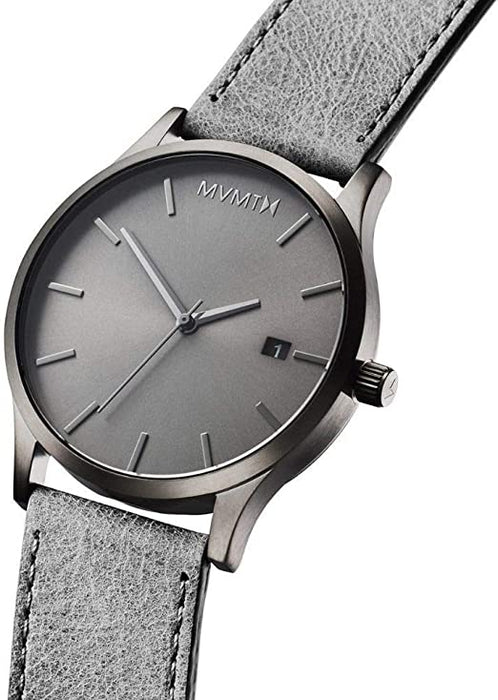 Men's Classic Monochrome grey leather banded watch. Dial sized at 45mm and 10mm thick. The grey dial is fashioned with brushed grey markers and a date wheel positioned at the three o'clock marker. 
