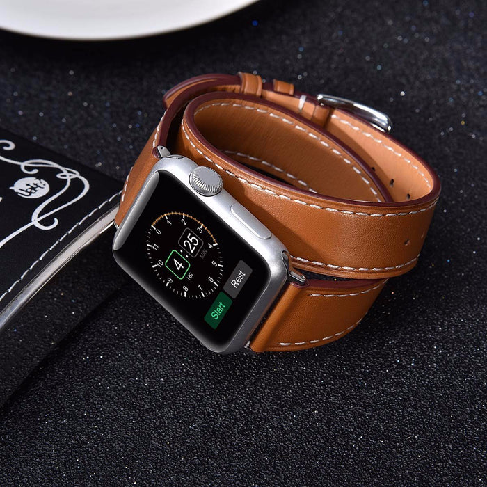 Brown Leather Double Tour Watchband for Apple Watch