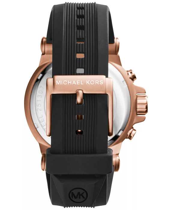 Michael Kors Men's Dylan model in rose gold casing with a black silicone band and a black dial. Markers at each hour, chronograph at 3, 6 & 9 markers. 48mm dial and date wheel placed at the 6 oclock marker. model number mk8184