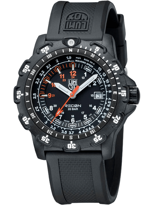 The patterned black rubber strap seamlessly transitions into the matching black case and face with a variety of numerals that all output a plethora of information. The orange second hand and last quadrant of the hour markers create an ideal aesthetic for countdowns and keeping exact time.